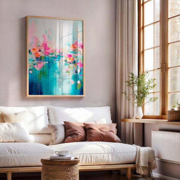 abstract floral painting, lotus wall art, textured canvas, colorful artwork, modern home decor, acrylic painting, vibrant flower art, pink and teal painting, contemporary art piece - Image 5