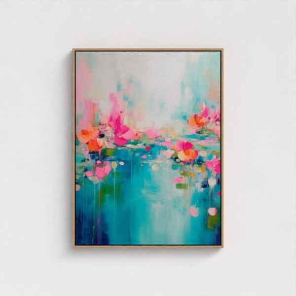 abstract floral painting, lotus wall art, textured canvas, colorful artwork, modern home decor, acrylic painting, vibrant flower art, pink and teal painting, contemporary art piece