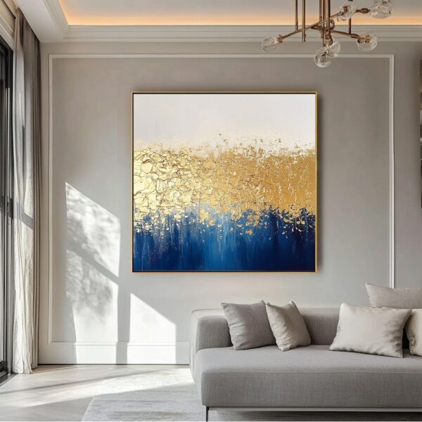 Large Framed Original Gold&Blue Oil Painting on Canvas Gold 3D Abstract Wall Art Gold Textured Painting Gold Leaf Painting Boho Wall Decor