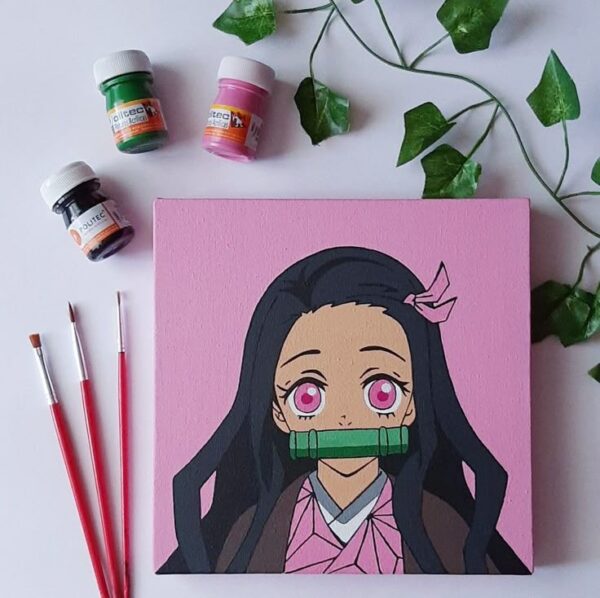 Nezuko Kamado Pink Canvas Art – Handmade Demon Slayer Anime Painting - Image 2