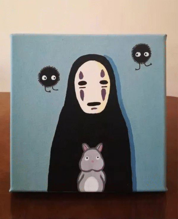 No Face Spirited Away Acrylic Painting – Studio Ghibli Aesthetic Wall Art on Canvas – Anime Decor in Blue & Black