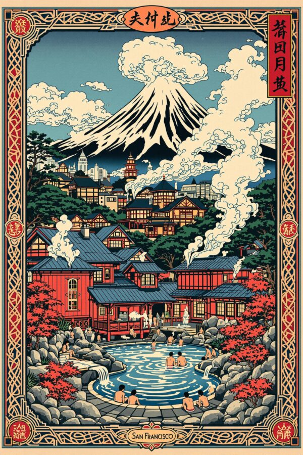 Japanese Bathhouse San Francisco Poster – Ukiyo-e Style Art, Mt. Fuji Scene, Onsen Village Illustration