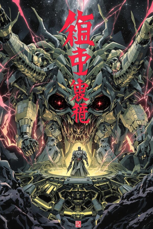 Futuristic samurai standing before a monstrous eldritch mech with glowing eyes and horns, surrounded by cosmic lightning and machine chaos.