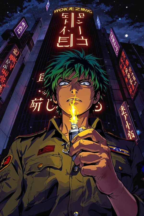 Cyberpunk Anime Boy Poster – Neon City Art, Lighter Flame Scene, Urban Manga Aesthetic, Digital Wall Art