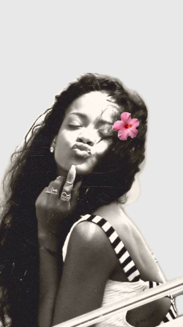 Aesthetic Rihanna Vintage Edit – Soft Glam with Pink Flower and Monochrome Style - Image 2
