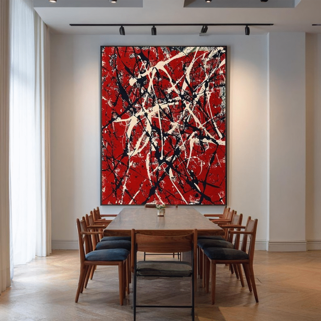 Large Abstract Red Wall Art, Modern Living Room Painting, Oversized Canvas Art, Black and White Drip Painting, Contemporary Home Decor, Bold Statement Artwork, Vertical Wall Hanging, Luxury Interior Accent