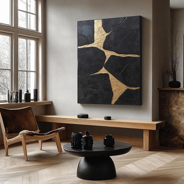 Handmade Black & Gold Thick Texture Abstract Art, Bold Metallic Canvas Painting for Luxury Living Room and Bedroom, Minimalist Wall Art