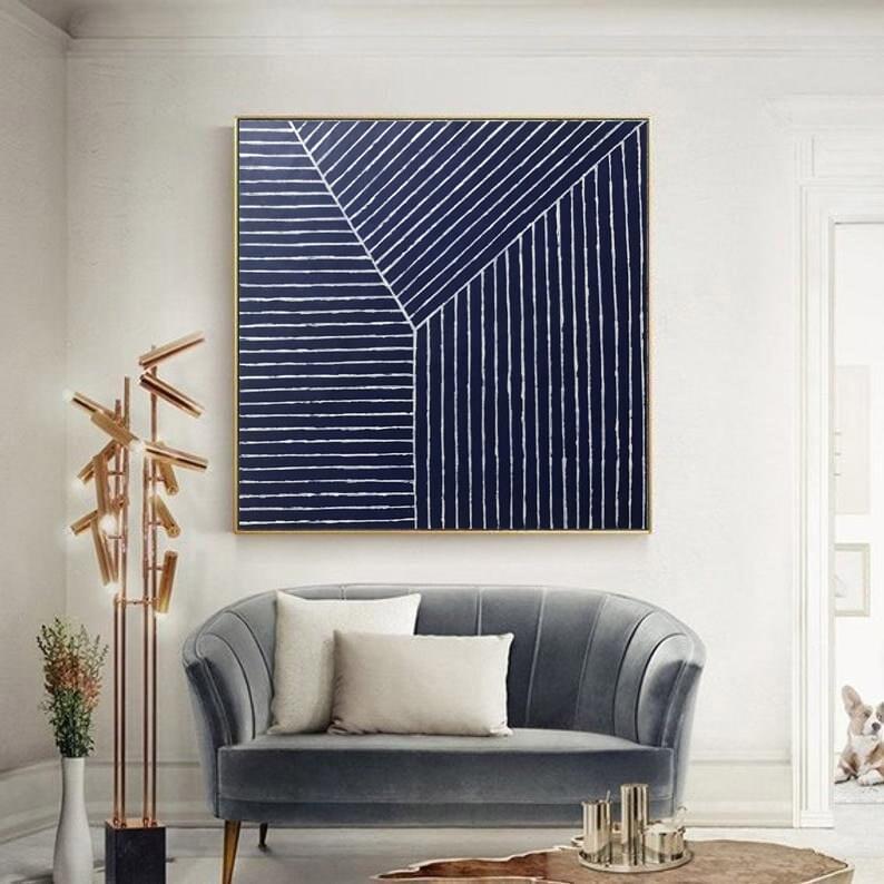 modern abstract painting, geometric wall art, navy and white canvas, minimalist line art, textured artwork, contemporary home decor, large square painting, bold linear design - Image 6