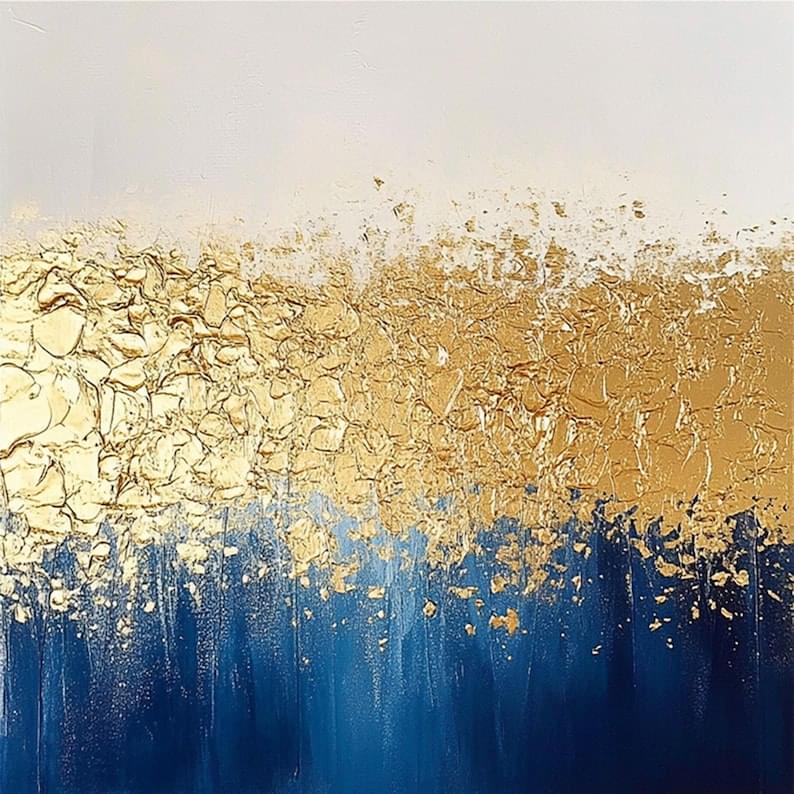 Large Framed Original Gold&Blue Oil Painting on Canvas Gold 3D Abstract Wall Art Gold Textured Painting Gold Leaf Painting Boho Wall Decor - Image 3