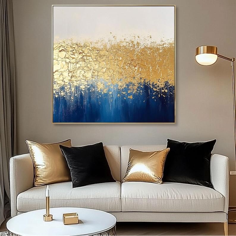 Large Framed Original Gold&Blue Oil Painting on Canvas Gold 3D Abstract Wall Art Gold Textured Painting Gold Leaf Painting Boho Wall Decor - Image 4