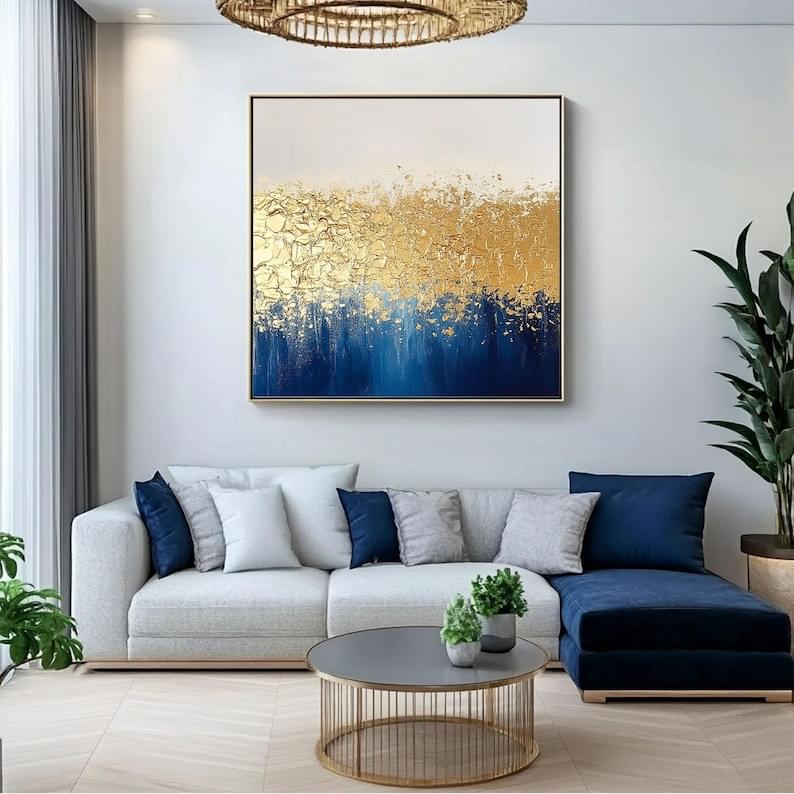 Large Framed Original Gold&Blue Oil Painting on Canvas Gold 3D Abstract Wall Art Gold Textured Painting Gold Leaf Painting Boho Wall Decor - Image 5
