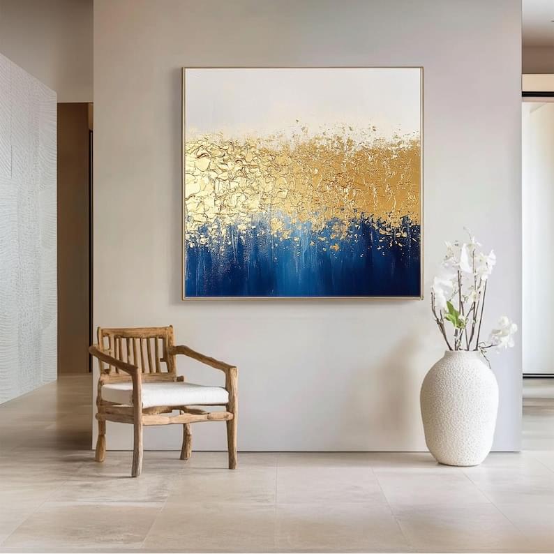 Large Framed Original Gold&Blue Oil Painting on Canvas Gold 3D Abstract Wall Art Gold Textured Painting Gold Leaf Painting Boho Wall Decor - Image 7