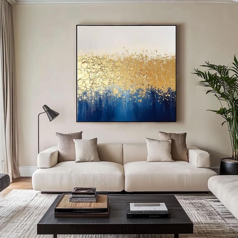 Large Framed Original Gold&Blue Oil Painting on Canvas Gold 3D Abstract Wall Art Gold Textured Painting Gold Leaf Painting Boho Wall Decor - Image 8