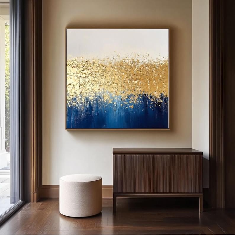 Large Framed Original Gold&Blue Oil Painting on Canvas Gold 3D Abstract Wall Art Gold Textured Painting Gold Leaf Painting Boho Wall Decor - Image 9