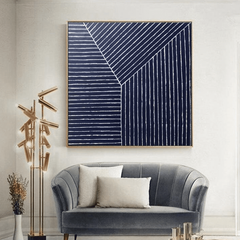 modern abstract painting, geometric wall art, navy and white canvas, minimalist line art, textured artwork, contemporary home decor, large square painting, bold linear design